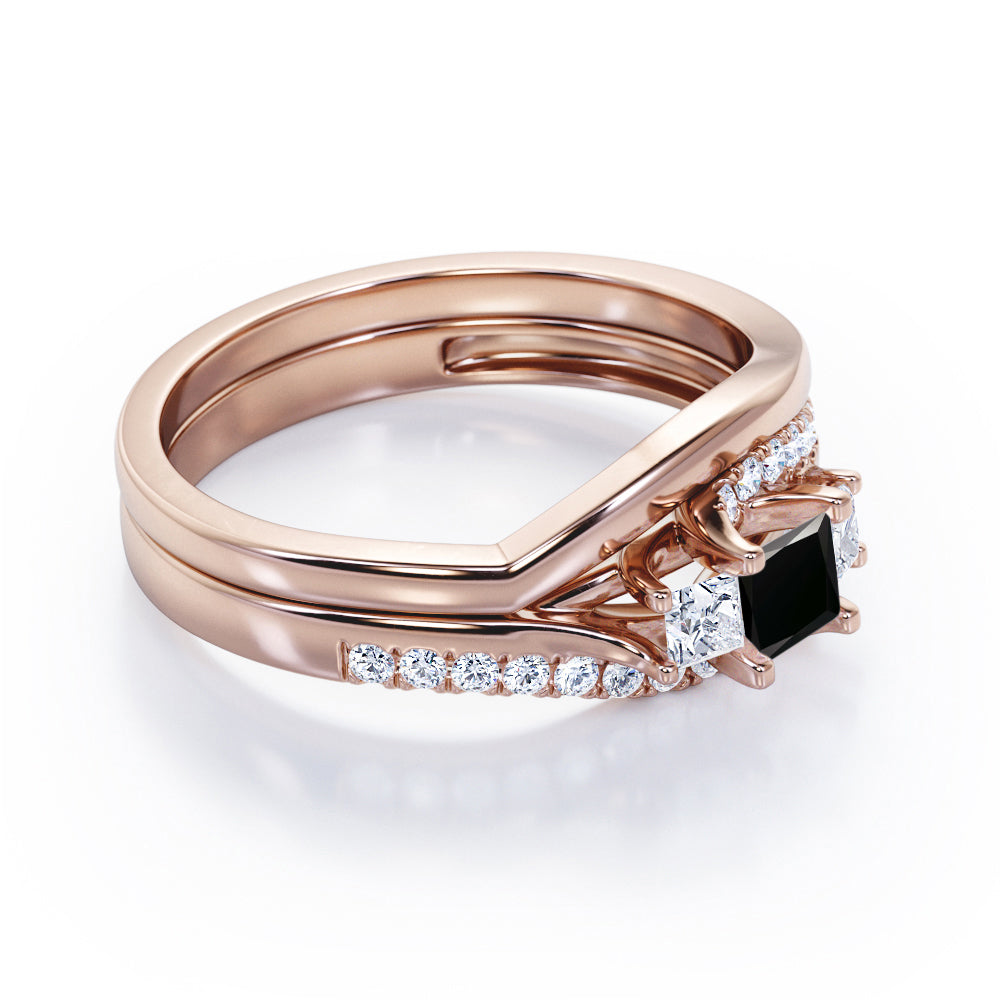 3 Stone Shared Prong - 1 TCW Princess Cut Black Diamond - Pave Curved Shank Wedding Set -Rose Gold