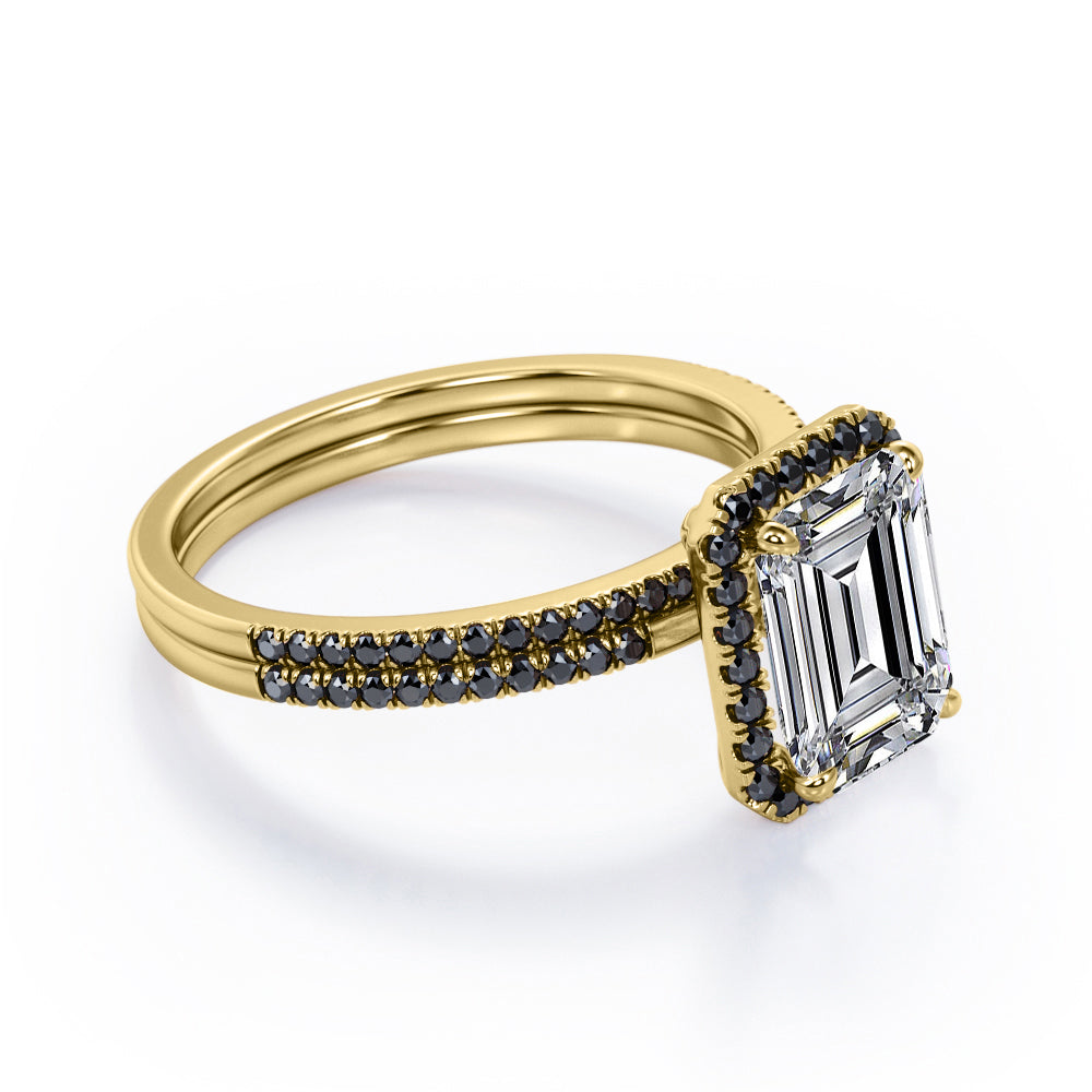 Pave Style - 1.75 TCW Emerald Cut Moissanite with Lab Created Black Diamond - Halo Setting Wedding Ring Set in Black Gold