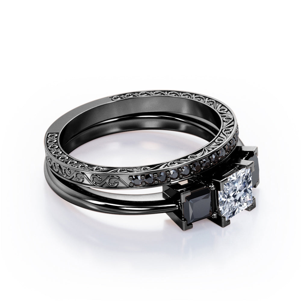 Triple Stone Square V-Prong 1.45 TCW Princess Cut Moissanite with Lab Created Black Diamond Filigree Wedding Set in Rose Gold