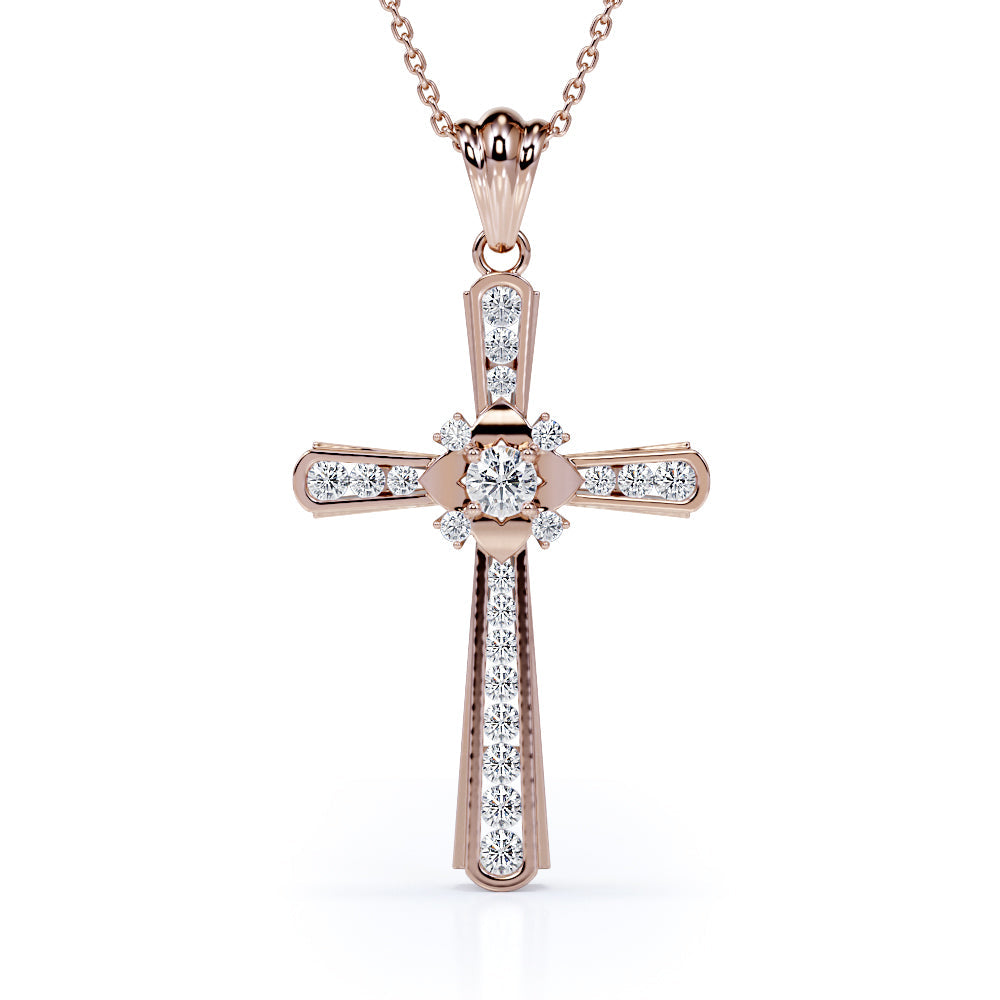 4-Heart 0.25 TCW Round Shape Moissanite Channel Cross Pendant Necklace in 18K White Gold Plating over Silver