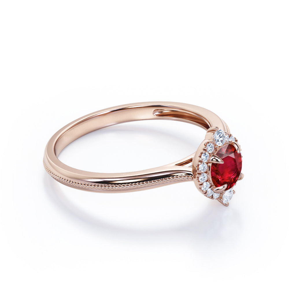 Vintage Milgrain 1.10 carat Round Cut Lab-Created Ruby and Diamond Halo Engagement ring in Rose Gold