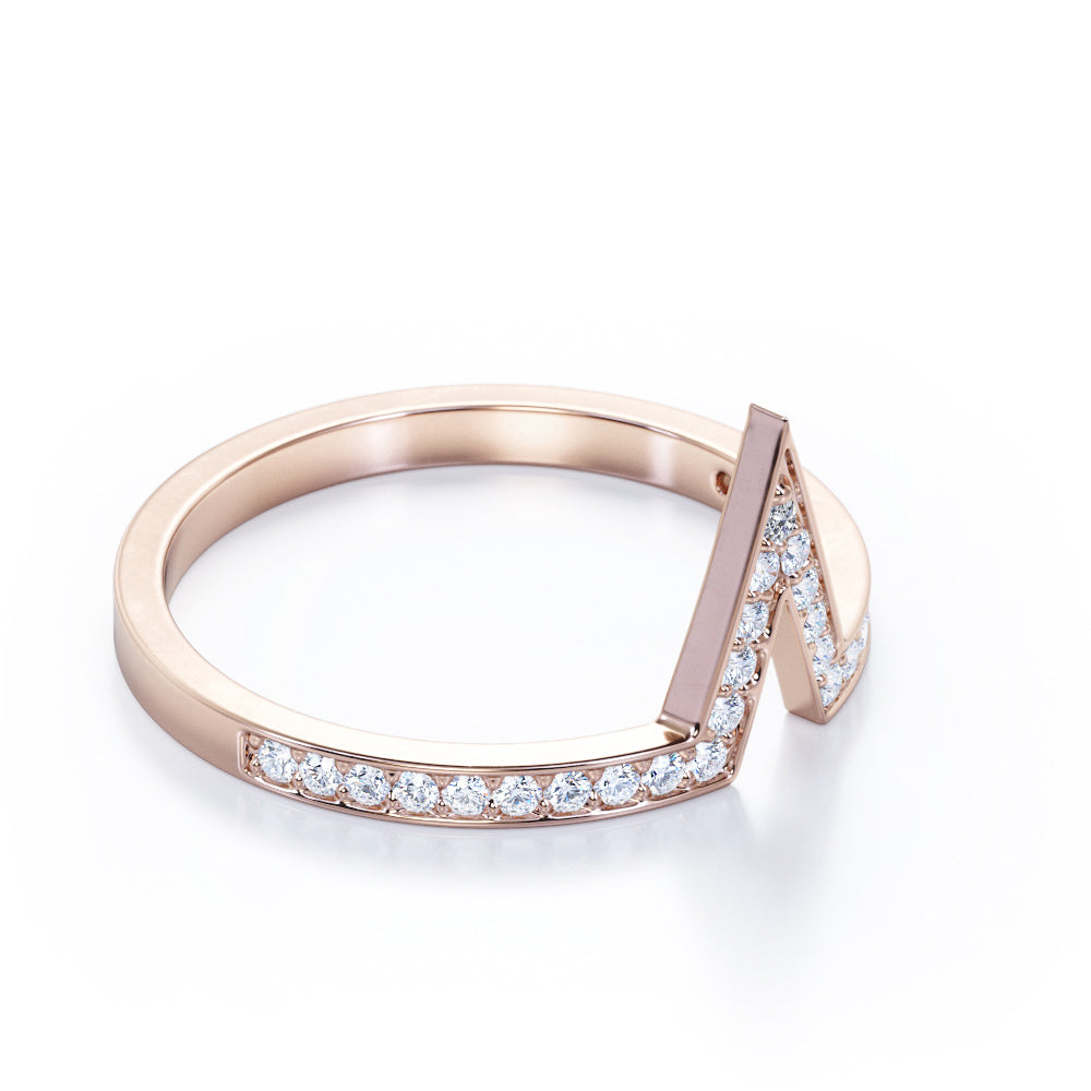 Pave Channel - 0.25 TCW Round Shaped Moissanite - V Shape Wedding Band - Rose Gold