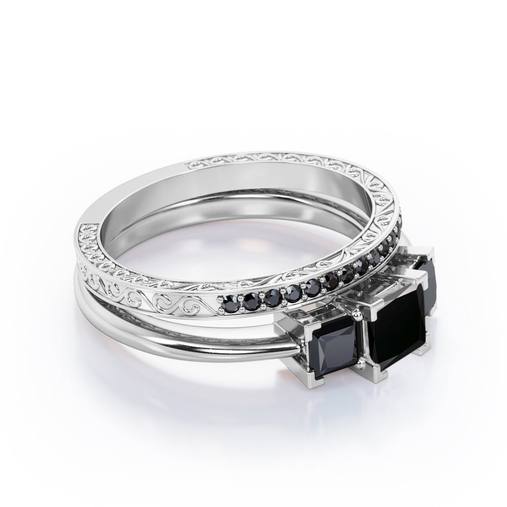 Triple Stone Square V-Prong 1.45 TCW Princess Cut Lab Created Black Diamond Filigree Wedding Set in White Gold