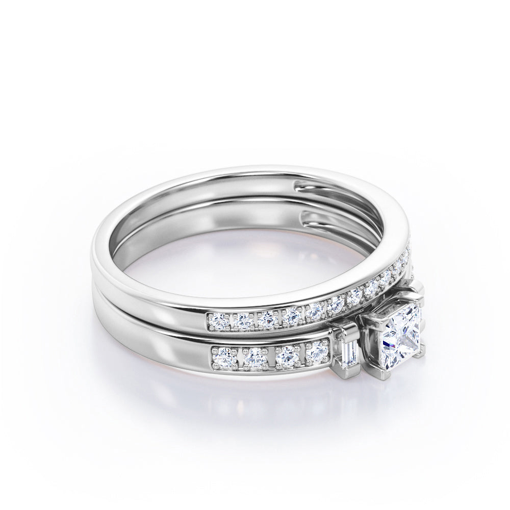 Pave-Channel 0.45 TCW Princess Cut Diamond Trilogy V-Prong Bridal Ring Set in White Gold