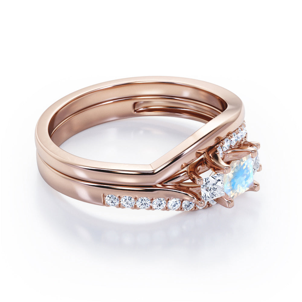 3 Stone Shared Prong - 1 TCW Princess Cut Moonstone and Moissanite - Pave Curved Shank Wedding Set - rose Gold