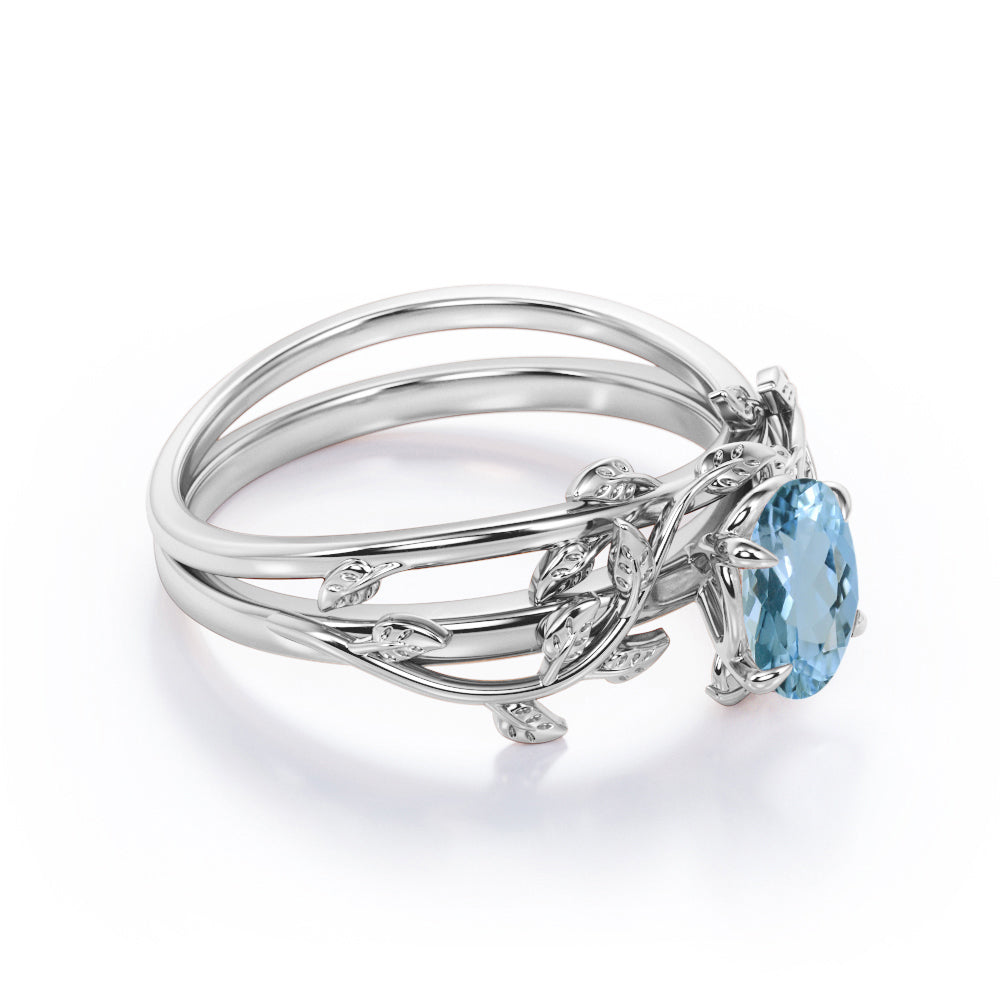 1 Carat Oval Cut Aquamarine Minimalist Wedding Ring Set In White Gold