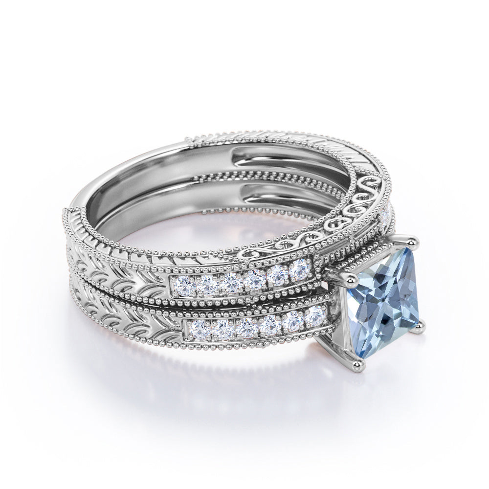 1.4 Carat Princess Cut Aquamarine And Diamond Vintage Wedding Ring Set In White Gold