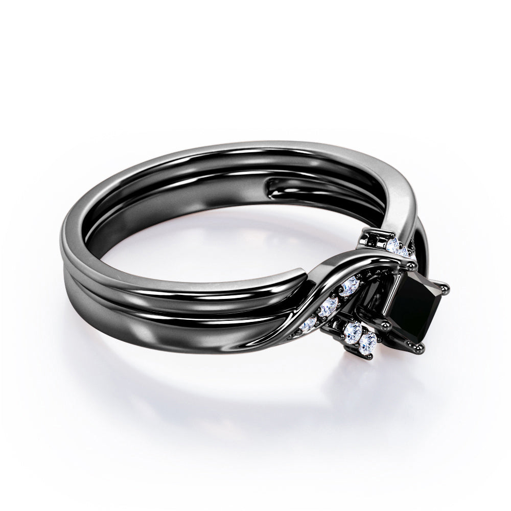 Petite Pave-Channel - 0.55 TCW Rhombus Princess Cut Black Diamond - Prong Tensioned Wedding Ring Set -  White Gold