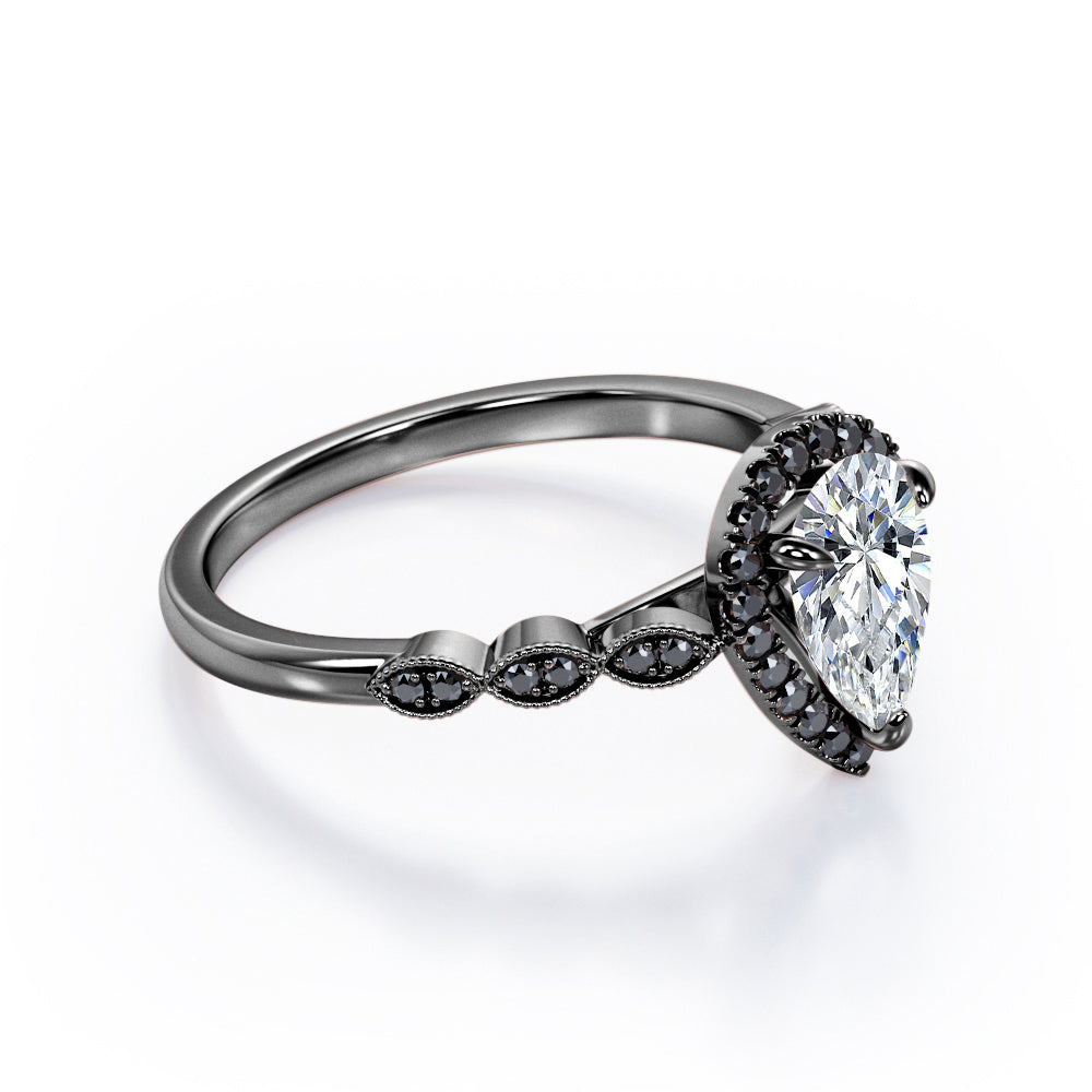 Art-Deco Filigree Milgrain 1.4 TCW Pear Cut Moissanite with Lab Created Black Diamond Halo Design Engagement Ring in Yellow Gold