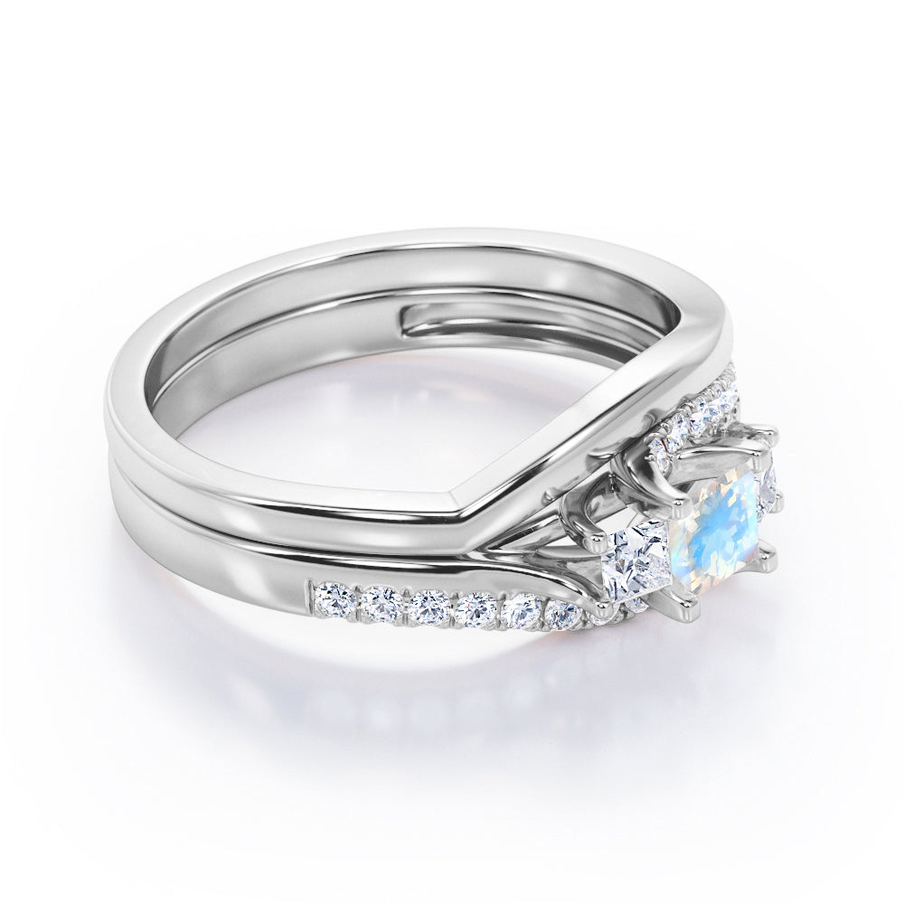 3 Stone Shared Prong - 1 TCW Princess Cut Moonstone and Moissanite - Pave Curved Shank Wedding Set - rose Gold