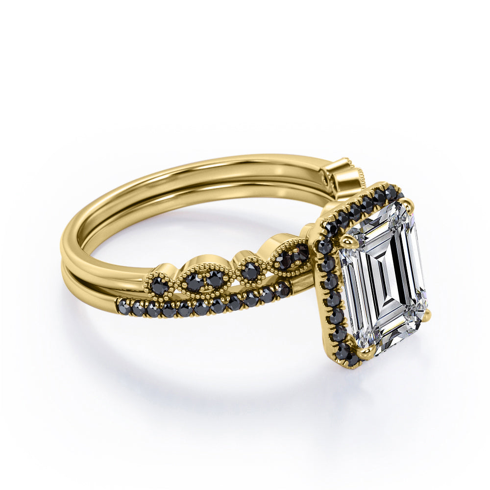 Art Deco Filigree Milgrain 1.65 TCW Emerald Cut Moissanite with Lab Created Black Diamond Halo-Style Wedding Set in Rose Gold