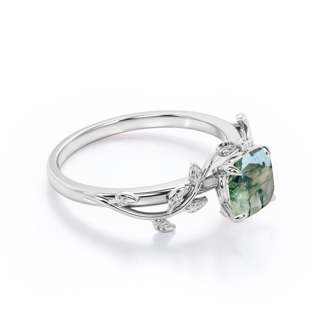 1 Carat Cushion Cut Natural Transparent Moss Green Agate - 4 Prong Setting - Nature Inspired Engagement Ring - 18K Black Gold Plating over Silver