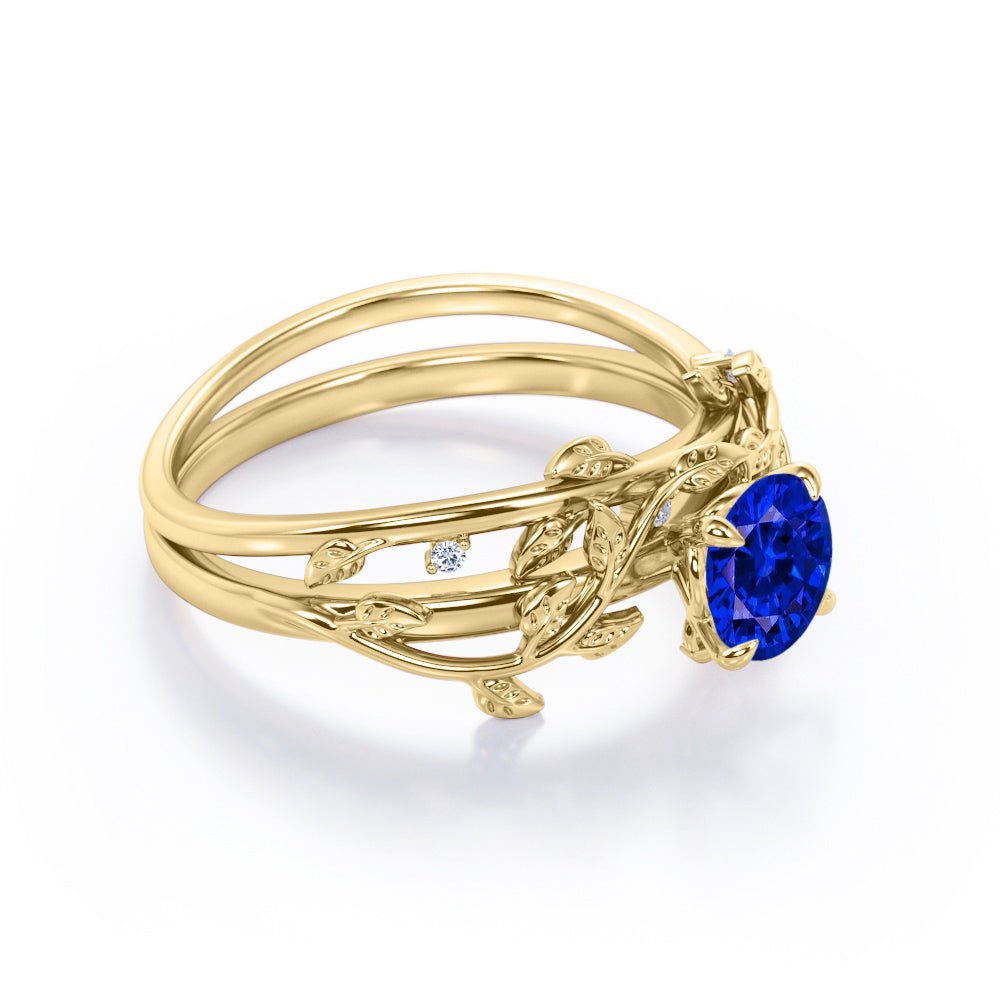 Nature Inspired 1 carat Round cut Lab-Created Sapphire and Diamond Wedding ring set in White Gold