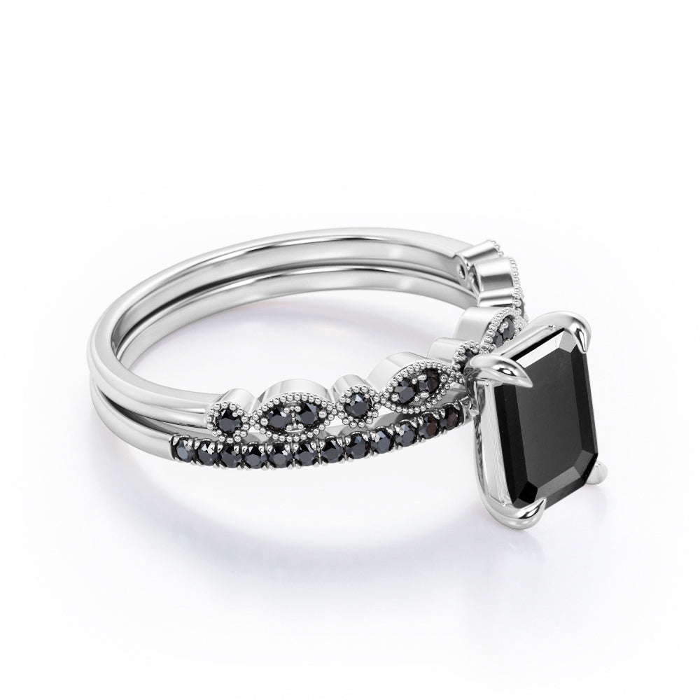 Milgrain Filigree - 1.55 TCW Emerald Cut Lab Created Black Diamond - Pave Accented Bridal Ring Set in White Gold