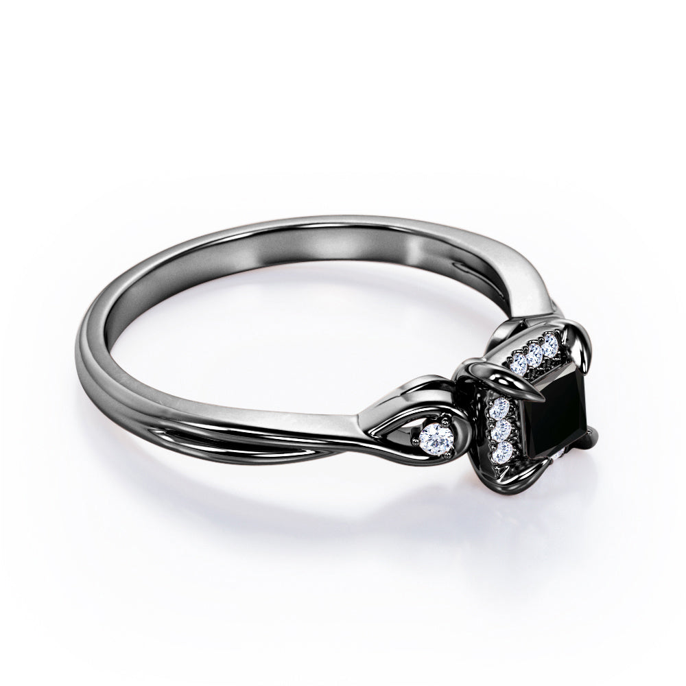 Prong and Halo 0.6 carat Princess Black Diamond Twisted Shank Engagement Ring in White Gold