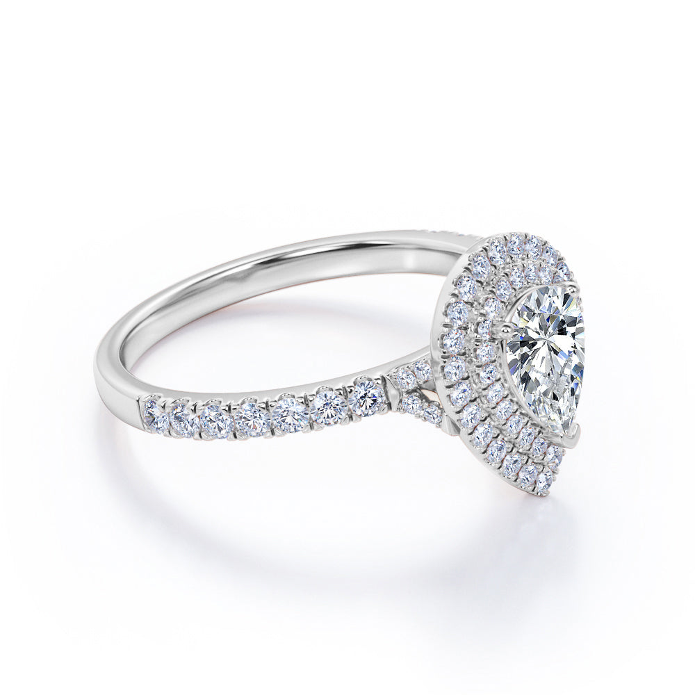 1.5 Carat Cubic Zirconia Pear Cut - Duo Halo Setting - Pave Design Engagement Ring - 18K White Gold Plating over Silver