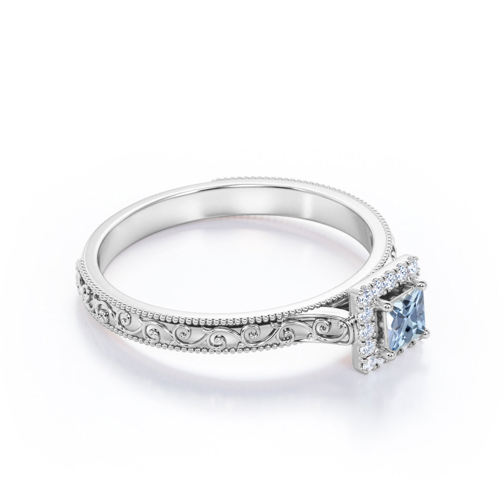 Vintage Filigree 1.10 Carat Princess Cut Aquamarine And Diamond Halo Engagement Ring In White Gold