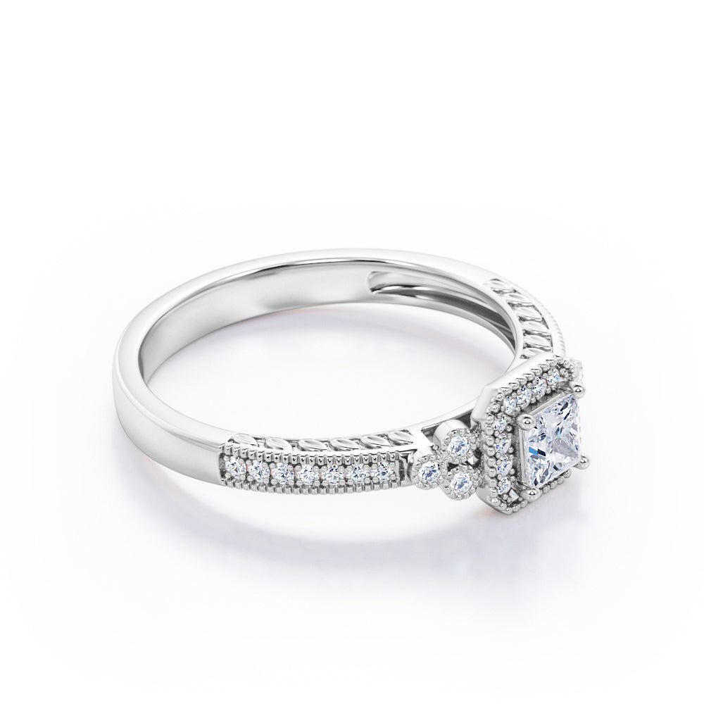 7-Stone Halo Cluster 0.45 TCW Princess Cut Diamond Milgrain Leaf Filigree Engagement Ring in White Gold