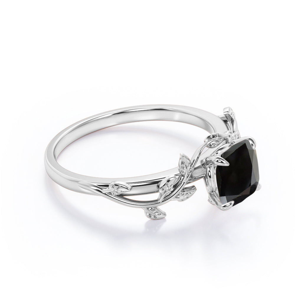 Nature inspired 1 carat cushion cut Black Diamond vintage leaf style engagement ring in white gold