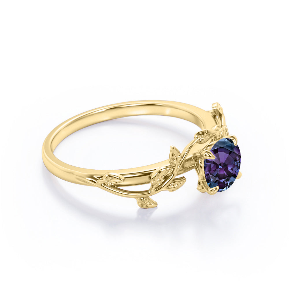 0.50 Carat - Round Cut Lab Created Alexandrite Ring - Leaf & Vine Engagement Ring - 18K Rose Gold Plating Over Silver