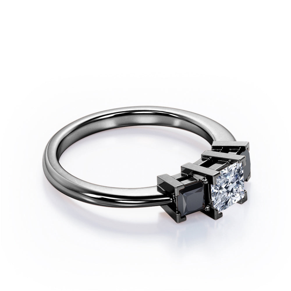 Minimalist Square V-Prong - 1.2 TCW Princess Cut Moissanite with Lab Created Black Diamond - Three-Stone Engagement Ring in Rose Gold