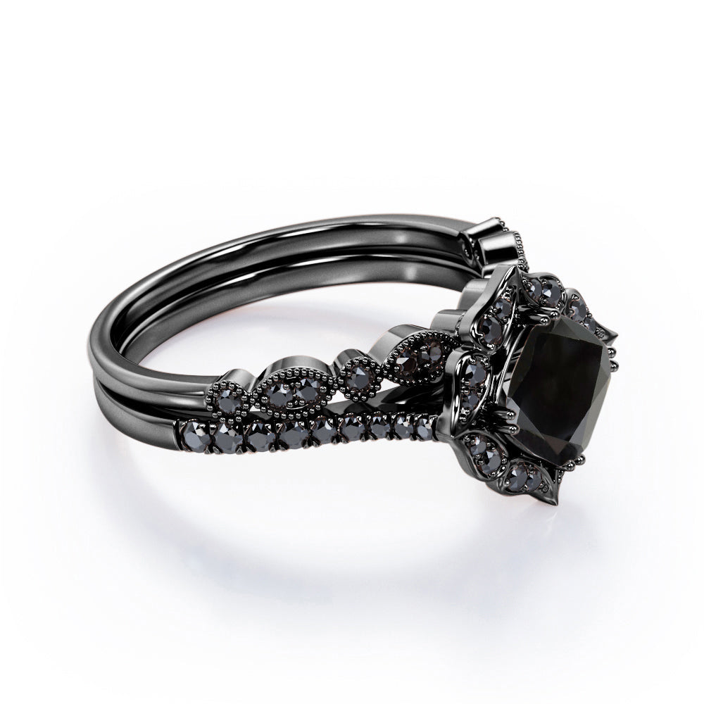 Vintage Filigree Halo - 1.65 TCW Cushion Cut Lab Created Black Diamond - Pave Accented Bridal Ring Set in White Gold