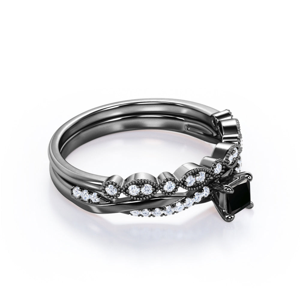 1.3 Carat Princess Cut Lab Grown Black Diamond Four Prong Infinity Bridal Set In White Gold