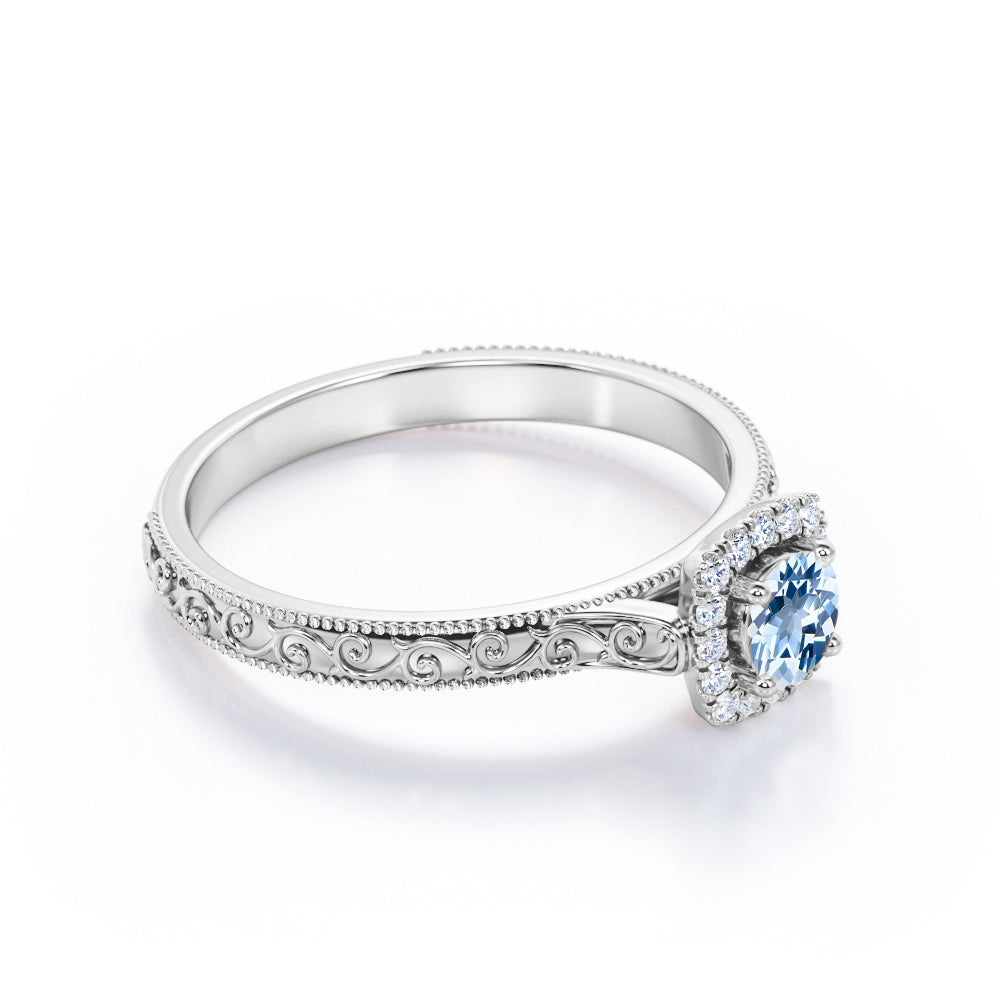 Vintage 1.10 Carat Round Cut Aquamarine And Diamond Halo Engagement Ring In White Gold