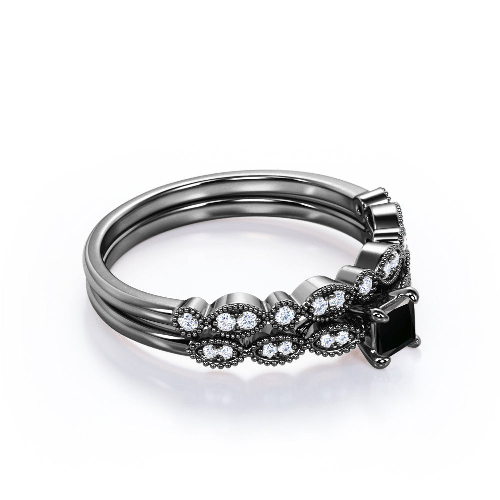 1.25 Carat Princess Cut Lab Grown Black Diamond Antique Wedding Ring In White Gold