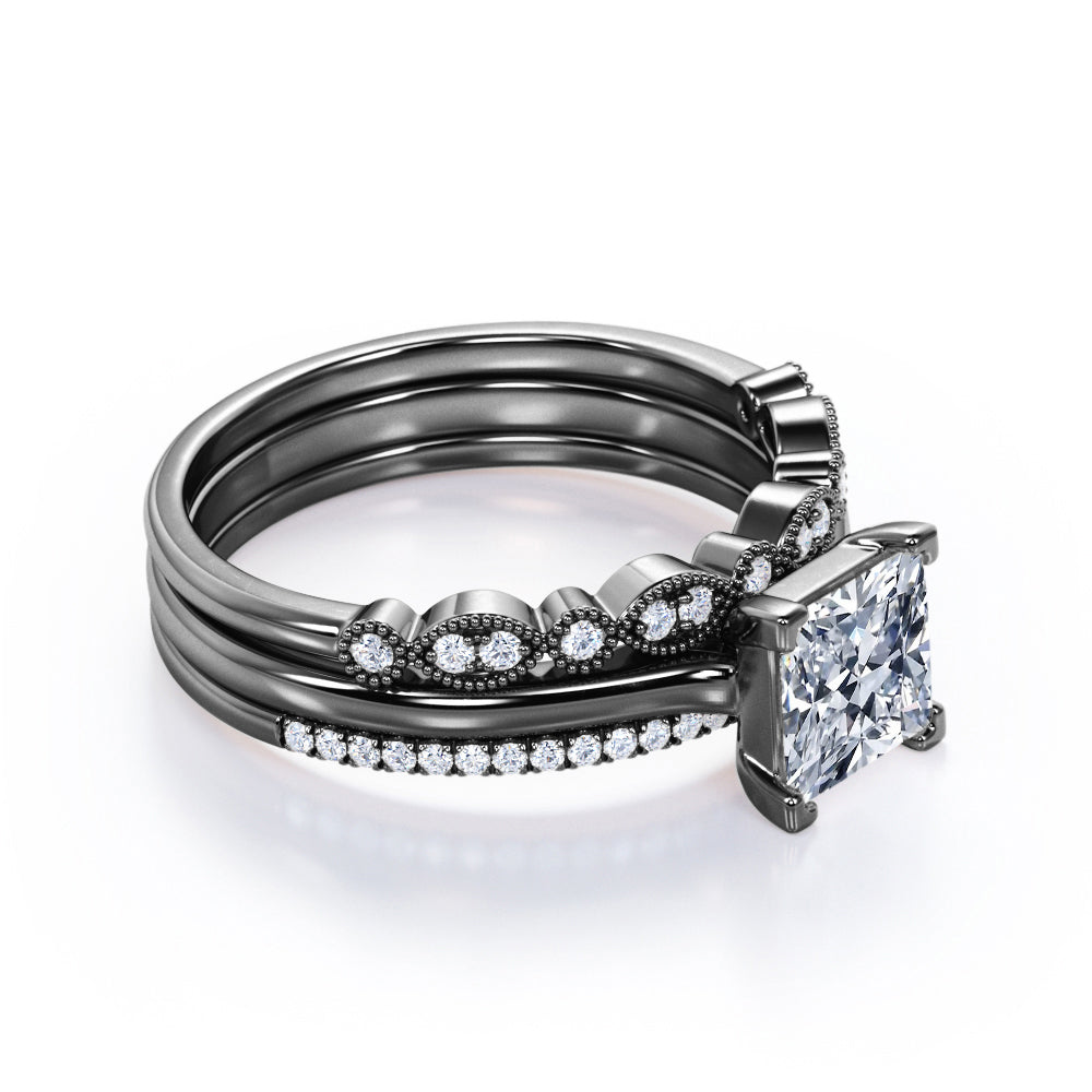 2 Carat Cubic Zirconia Princess Cut - 4 Prong Pave Setting - Art Deco Filigree Milgrain - Solitaire Engagement Ring - Trio Wedding Set - 18K White Gold Plating over Silver