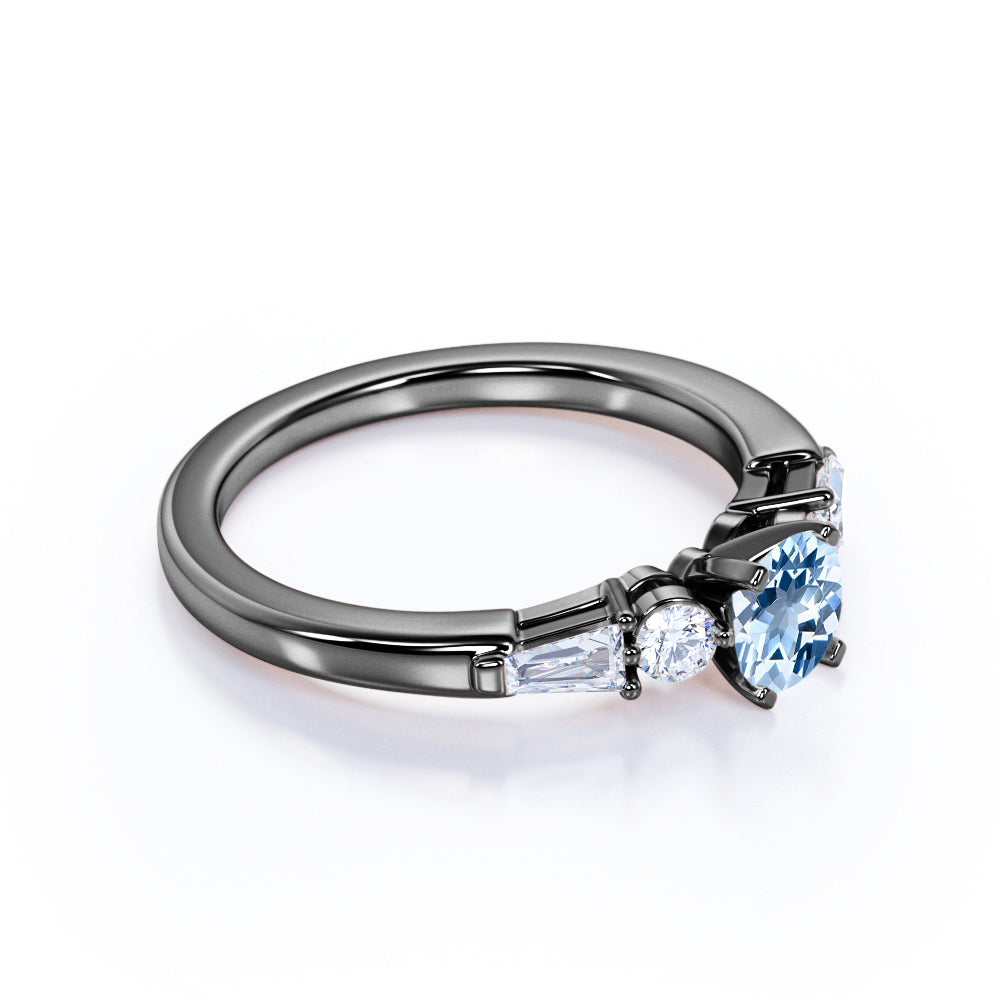 1.20 carat Round Dark Blue Created Aquamarine Cluster Antique Wedding Ring in 18k Yellow Gold over Silver