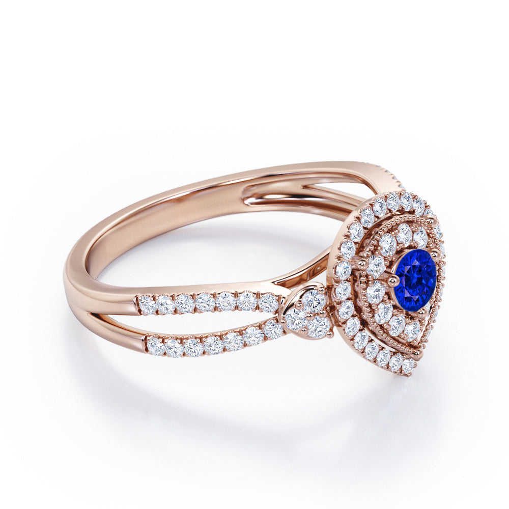 Pear-Shaped Double Halo - 1.7 Carat Round Cut Blue Sapphire and diamond - Pave Split Shank Engagement Ring in White Gold