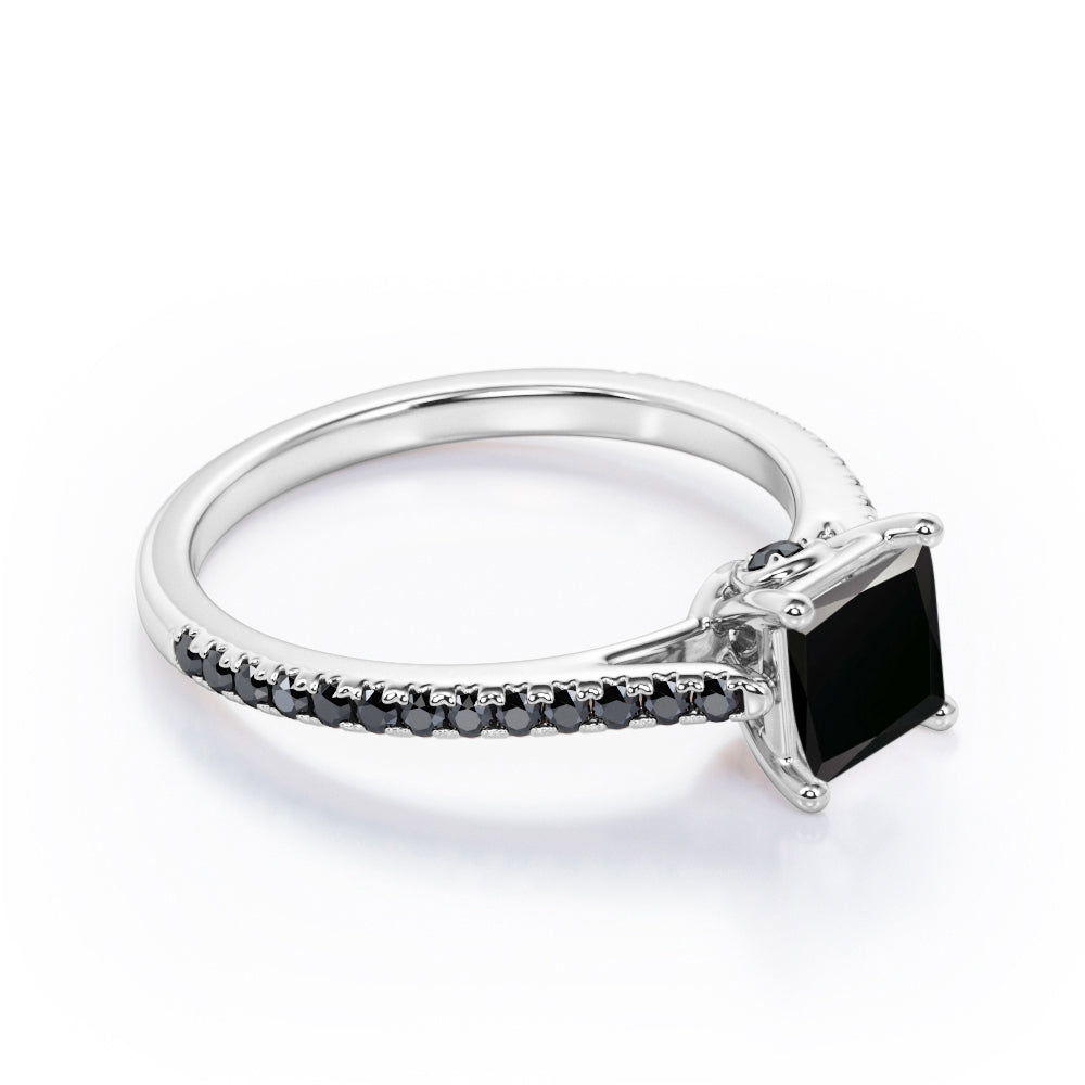 1.25 TCW Princess Cut Lab Created Black Diamond - Pave Setting - Prong Engagement Ring in White Gold