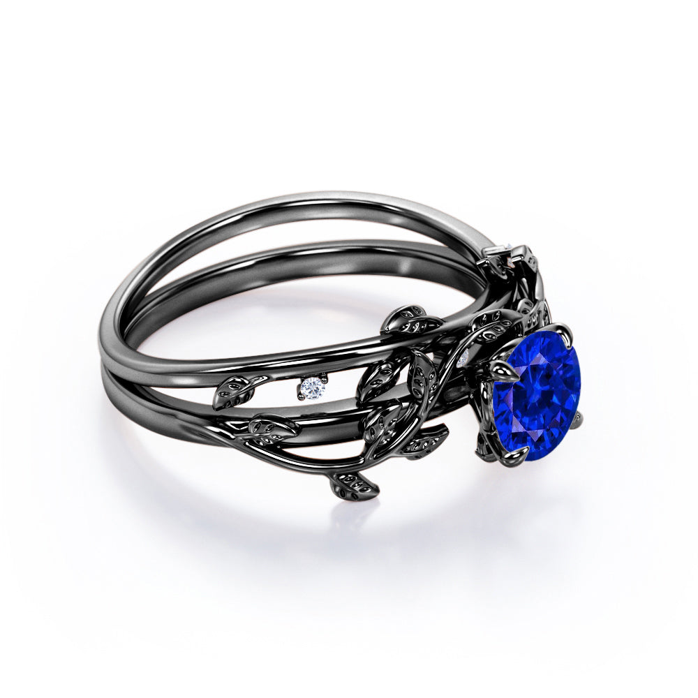 Nature Inspired 1 carat Round cut Lab-Created Sapphire and Diamond Wedding ring set in White Gold