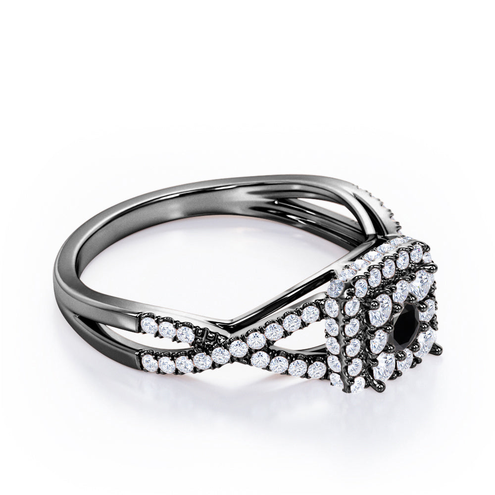 Pave Crossover - 1.25 Carat Round Cut Black Diamond - Flush Cluster Halo Engagement Ring in White Gold