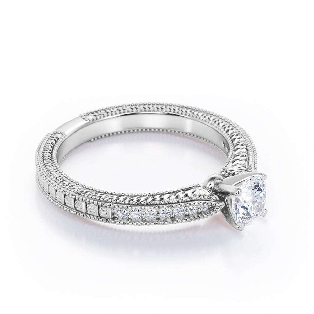 Art Deco Pave Channel 0.35 TCW Round Shaped Diamond Edwardian Style Engagement Ring in 10K White Gold