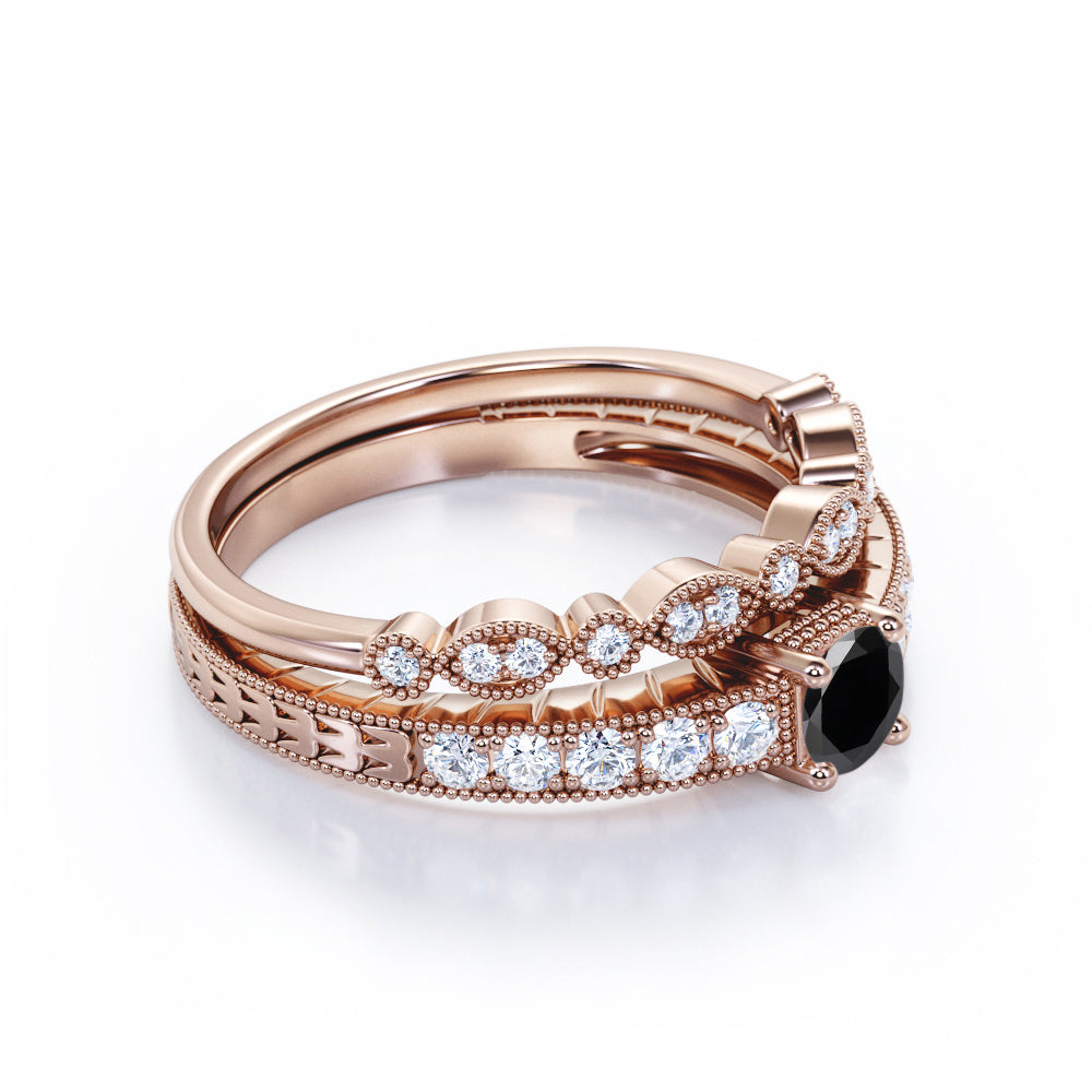 1.25 Carat Round Cut Lab Grown Black Diamond Vintage Milgrain Bridal Set Ring In White Gold