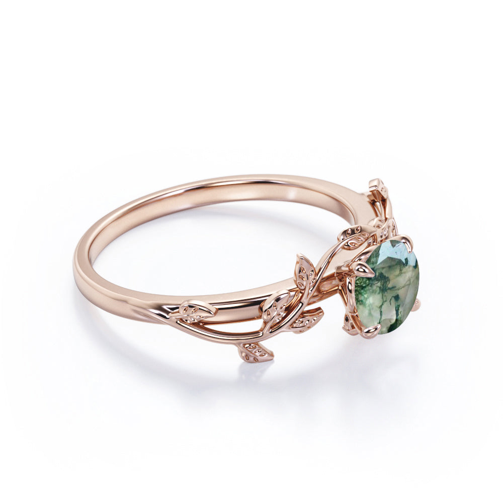 0.50 Carat 4 Prong Round Cut Opaque White Druzy Mossy Green Agate Branch Leaf Design One-Stone Engagement Ring In 18K Rose Gold Plating Over Silver