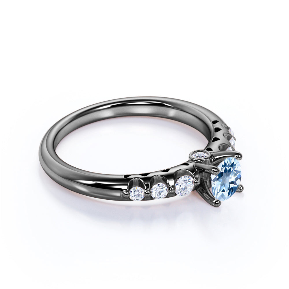 1 carat Round Dark Blue Created Aquamarine 7 Stone Antique Engagement Ring in 18k Rose Gold over Silver