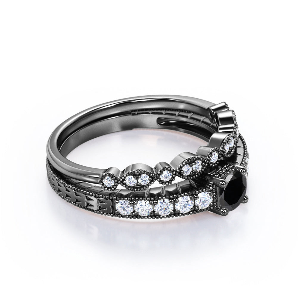 1.25 Carat Round Cut Lab Grown Black Diamond Vintage Milgrain Bridal Set Ring In White Gold