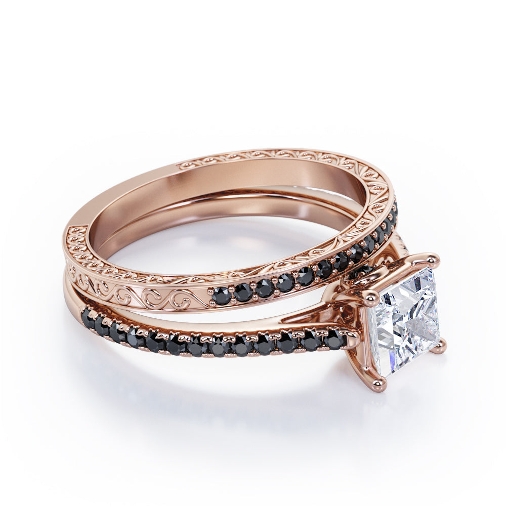 Art Deco Prong 1.5 TCW Princess Cut Moissanite with Lab Created Black Diamond Bridal Set with Pave Accents in Rose Gold