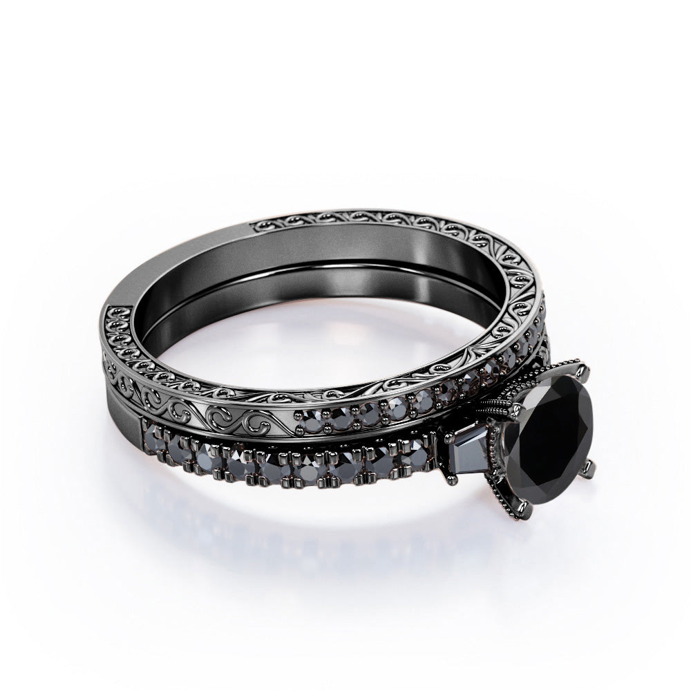 Art Deco Milgrain-Pronged 1.45 TCW Round Brilliant Cut Lab Created Black Diamond Pave Bridal Ring Set in White Gold