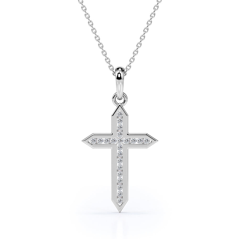 Sword 0.25 TCW Round Shape Moissanite Channel Crucifix Pendant Necklace in 18K White Gold Plating over Silver