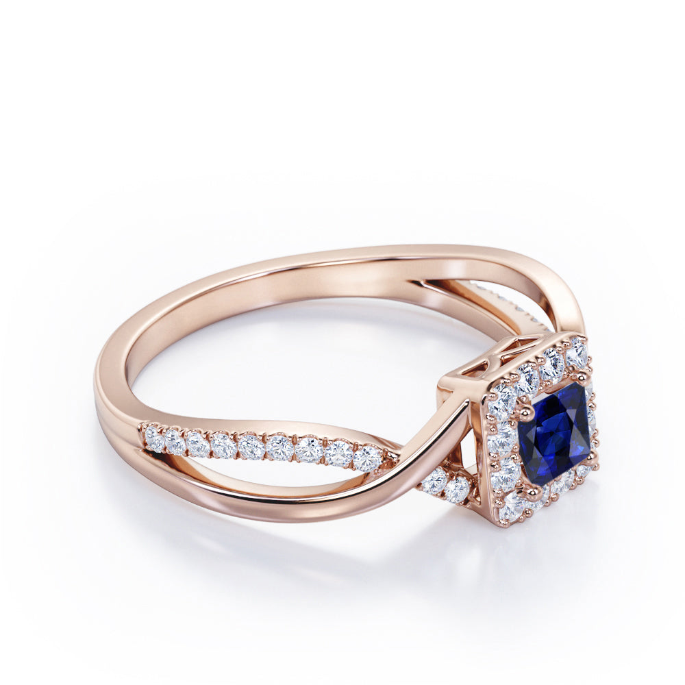 1.25 Carat Princess Cut Blue Lab-Created Sapphire and diamond - Half Crossover Pave - Halo Engagement Ring in White Gold