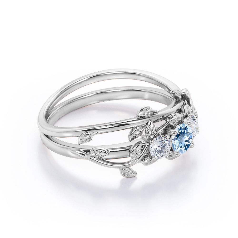 1 Carat Round Cut Aquamarine And Diamond Nature-Inspired Wedding Ring Set In White Gold