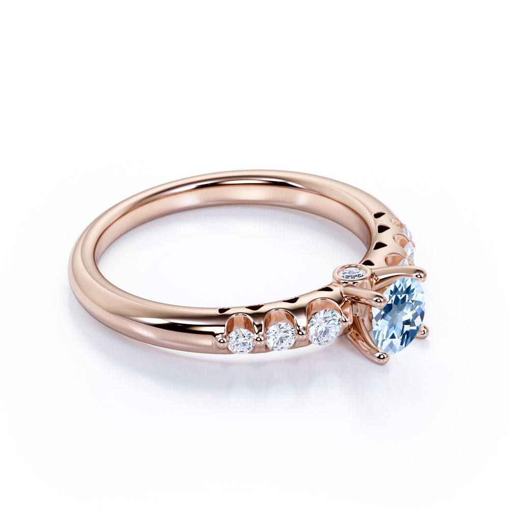 1 carat Round Dark Blue Created Aquamarine 7 Stone Antique Engagement Ring in 18k Rose Gold over Silver