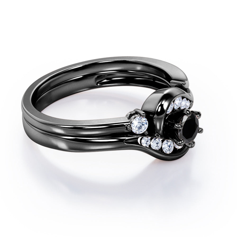 6 Prong Tension Design - 0.55 TCW Round Shaped Black Diamond - Flush Chanel Wedding Ring Set - White Gold