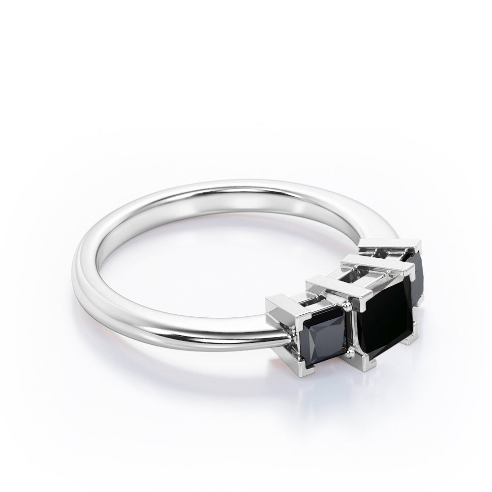 Minimalist Square V-Prong - 1.2 TCW Princess Cut Lab Created Black Diamond - Three-Stone Engagement Ring in White Gold