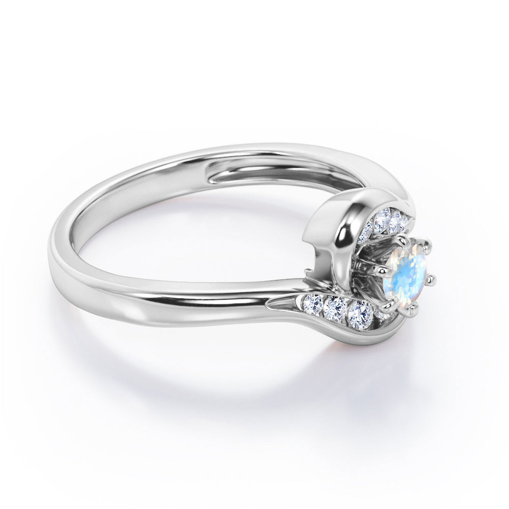 Whirly Gemstone 0.55 carat Round Moonstone and Moissanites Artistic Engagement Ring in White Gold