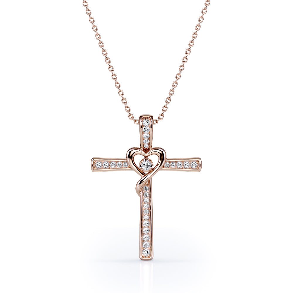 Middle Heart 0.1 TCW Round Moissanite Crucifix Pendant Necklace in 18K White Gold Plating over Silver